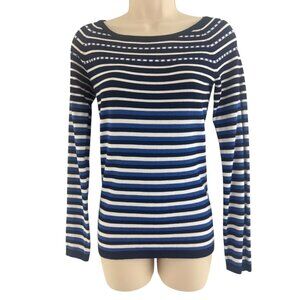 Boston Proper Blue Striped Soft Sweater Embellished‎ Neckline Size XS Knit Top